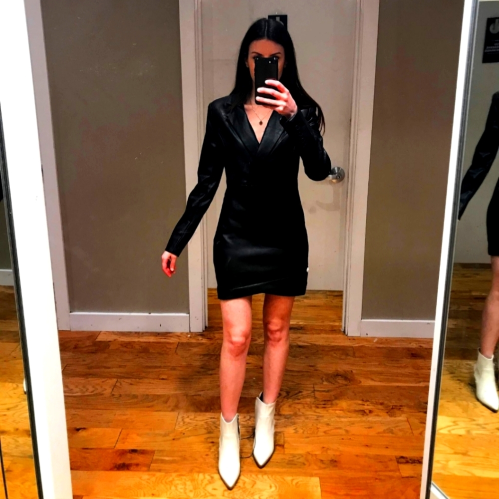 Express X Negin Mirsalehi collab faux leather black dress